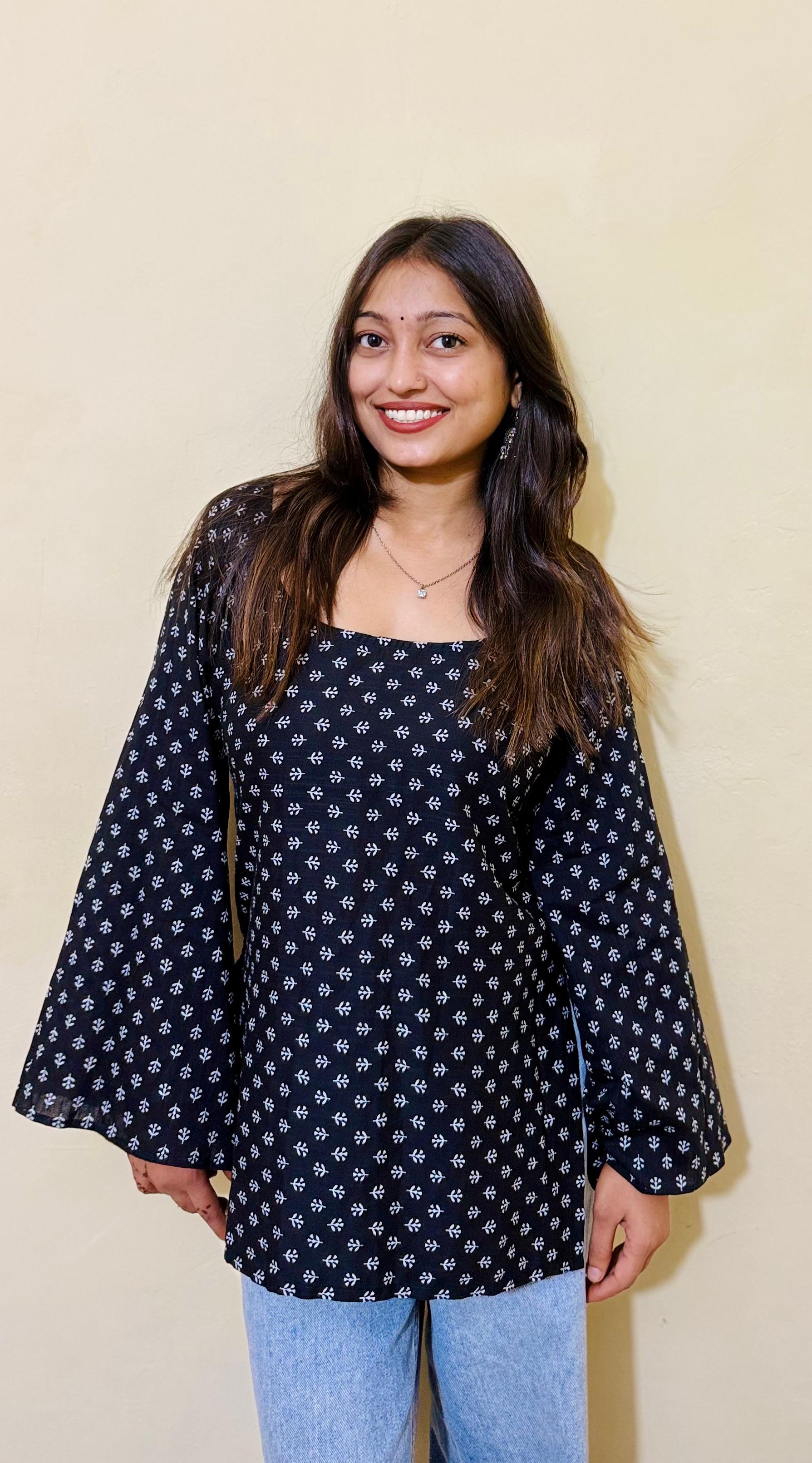 Kajal - Black Printed Cotton Top with Bell Sleeves and Deep Back