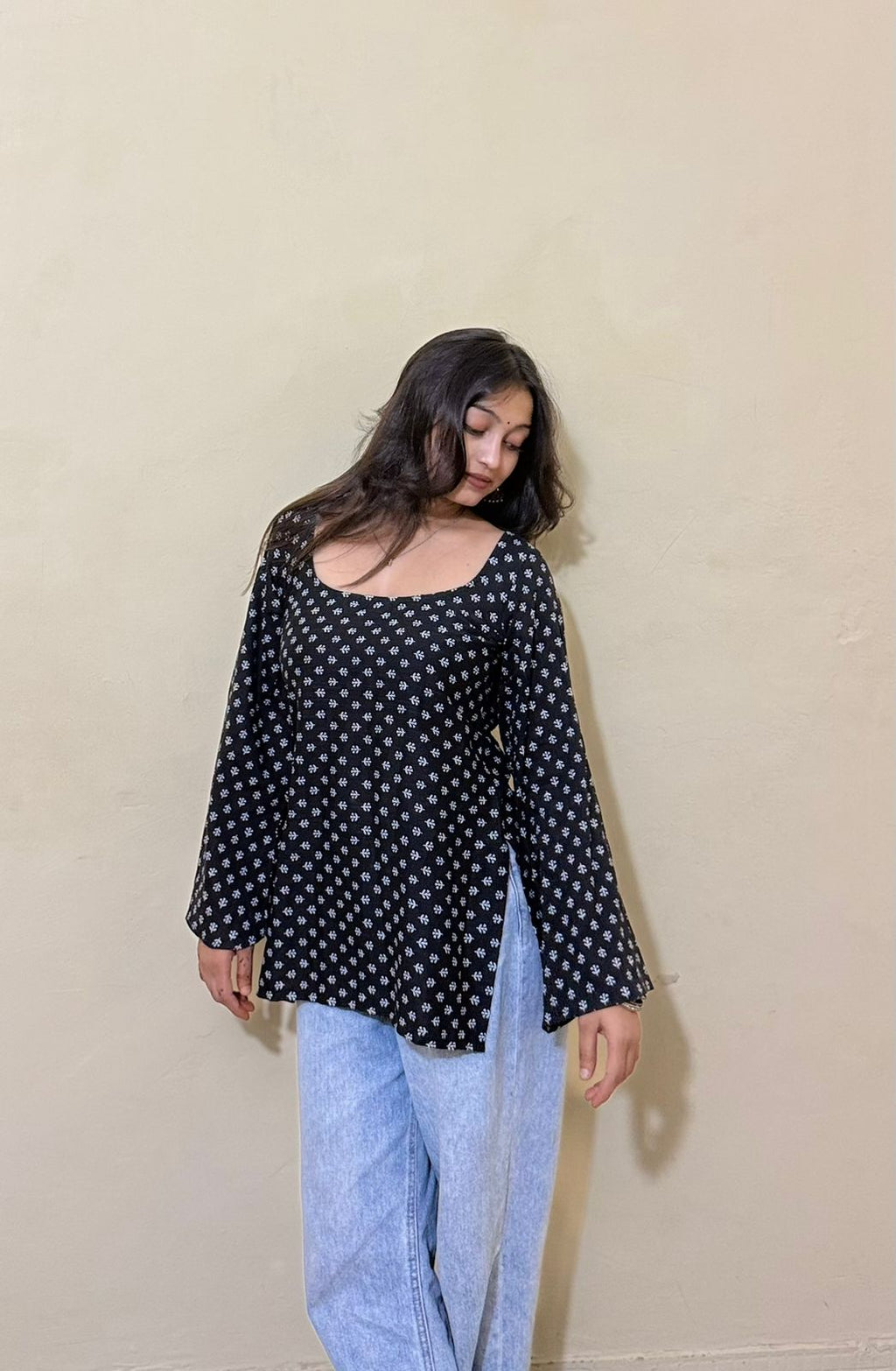 Kajal - Black Printed Cotton Top with Bell Sleeves and Deep Back