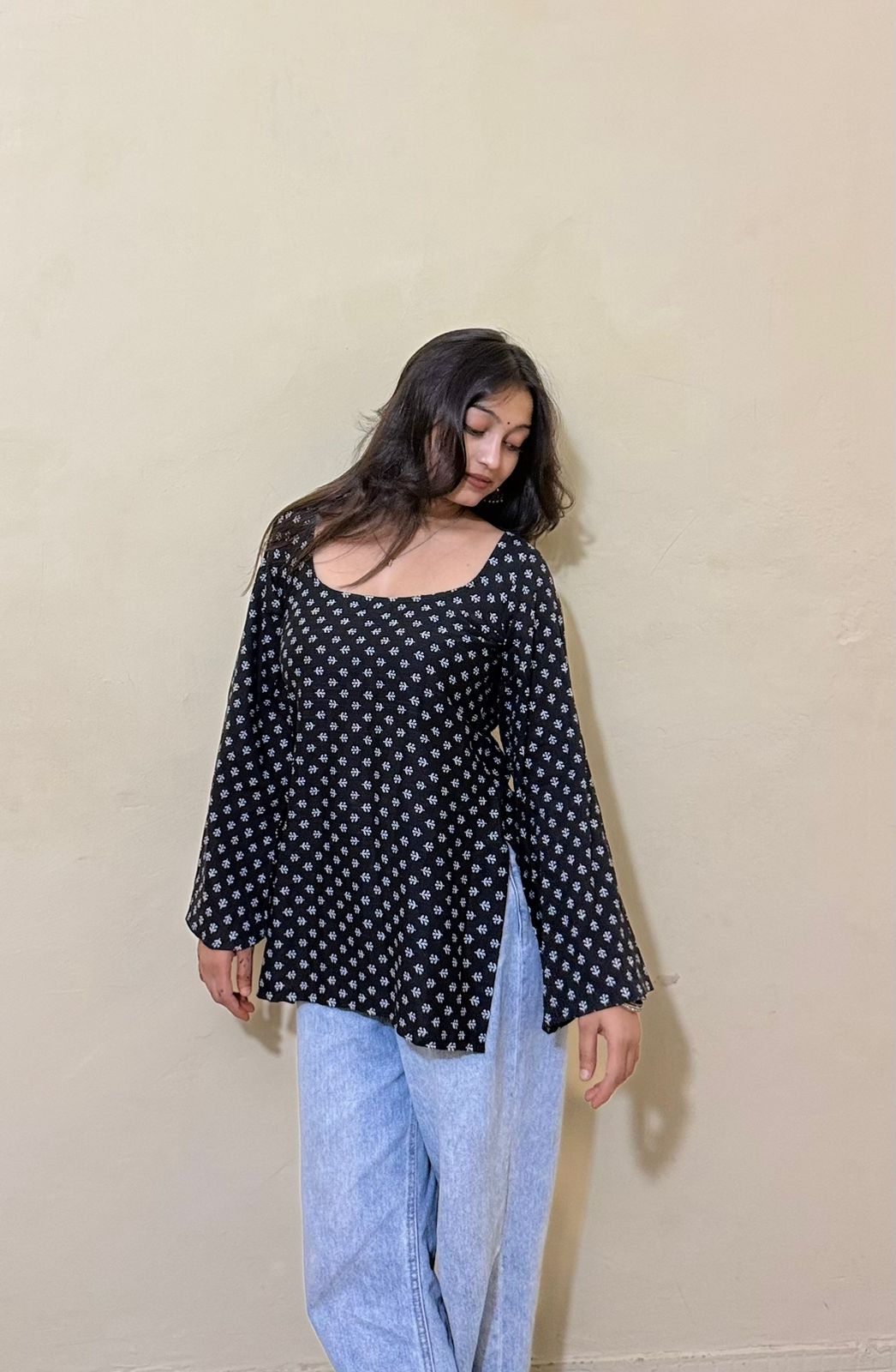 Kajal - Black Printed Cotton Top with Bell Sleeves and Deep Back