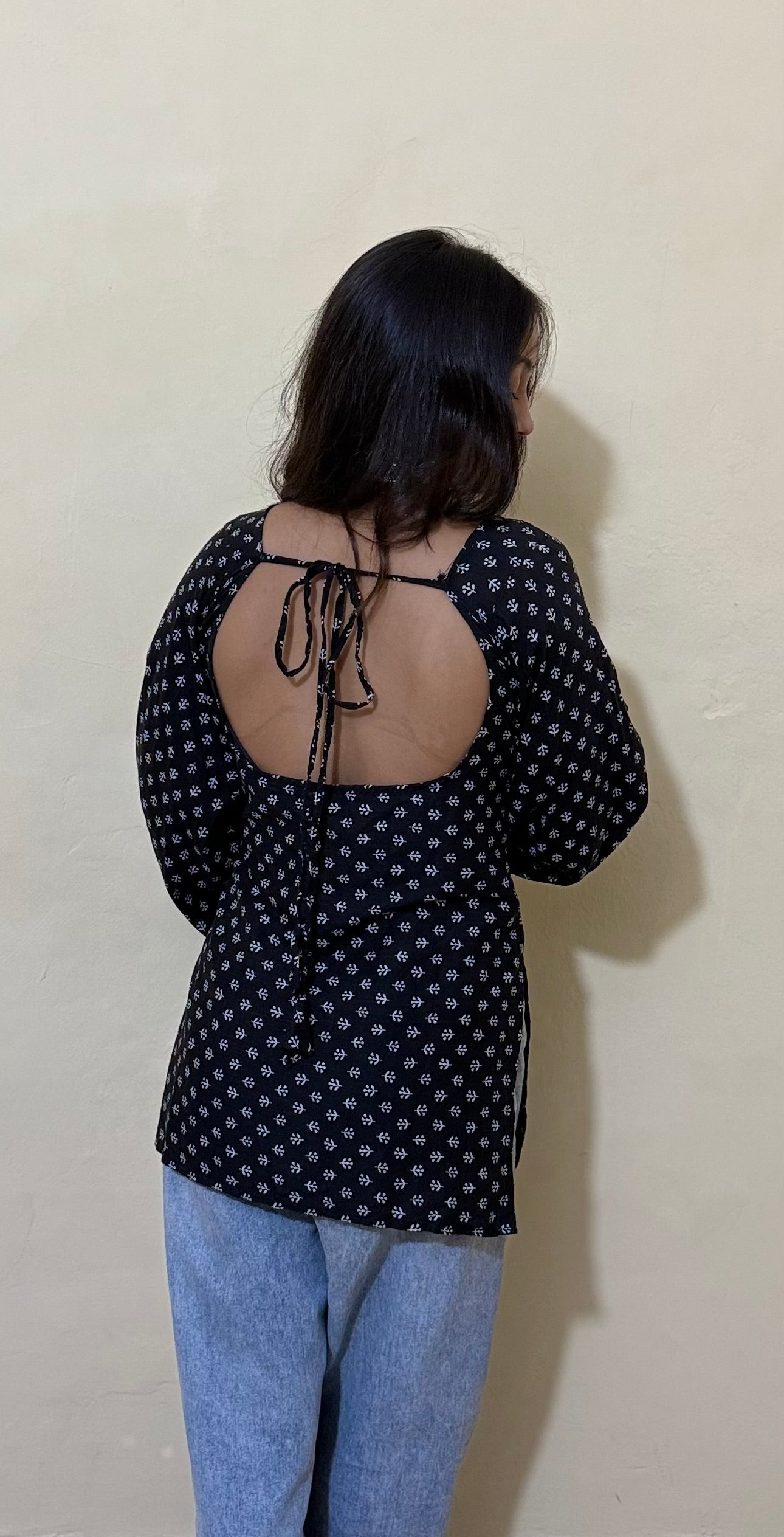 Kajal - Black Printed Cotton Top with Bell Sleeves and Deep Back