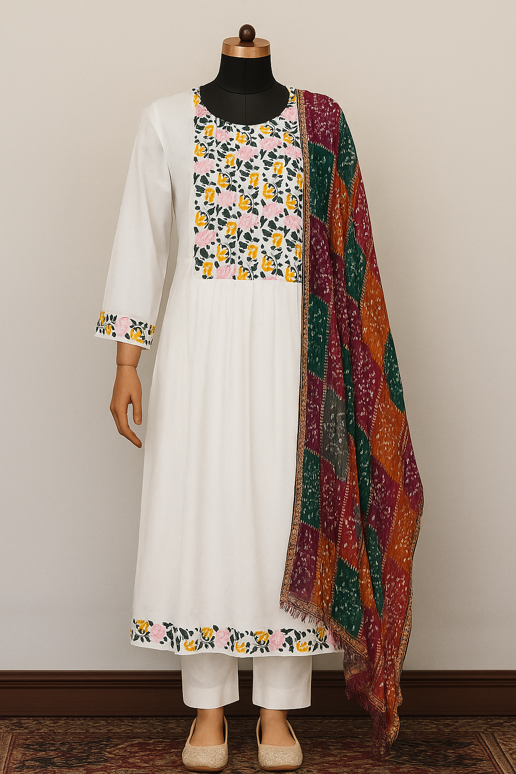 White Cotton Kurta Pant Set with Lace Detailing