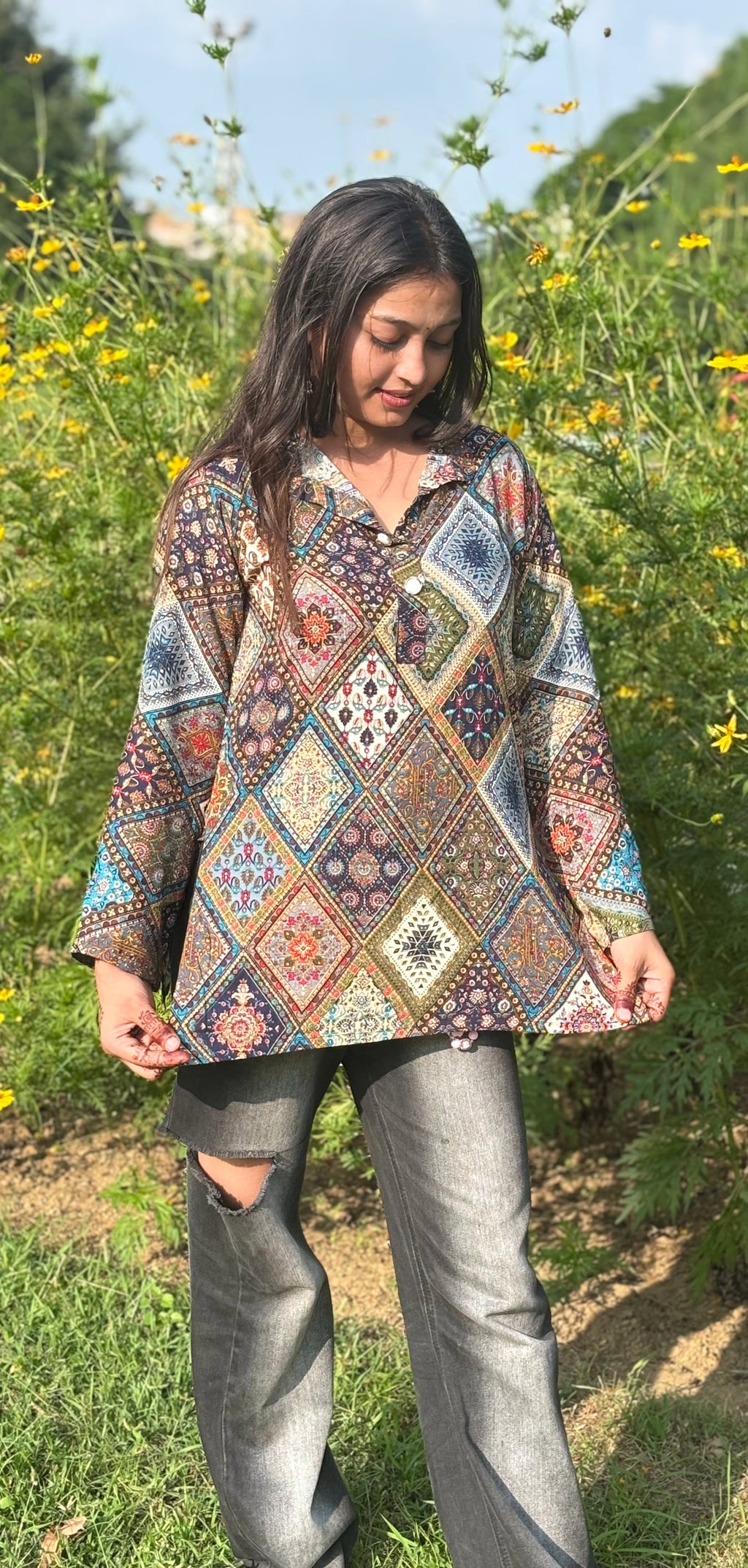 Rangrez Multicolor Printed Cotton Kurti Top