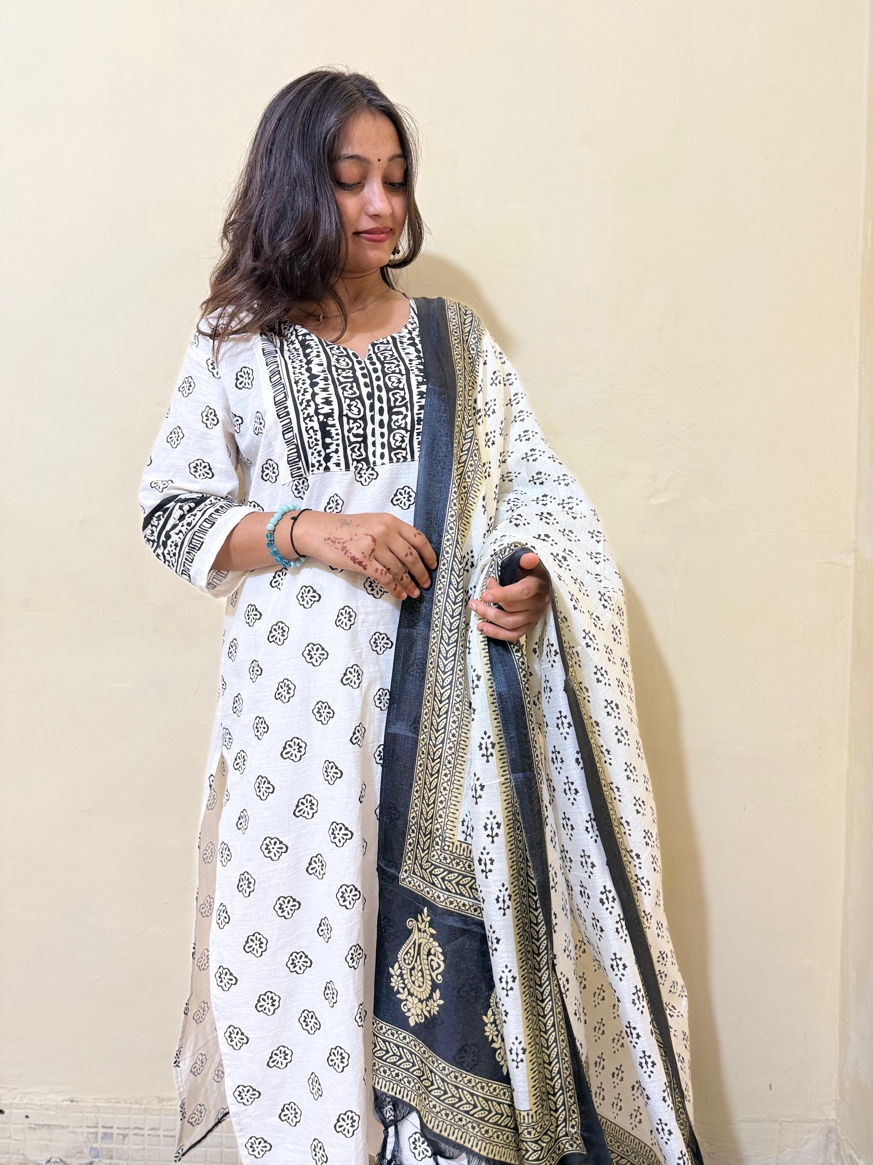 Shvetā - White & Black Block Print cotton suit with Dupatta