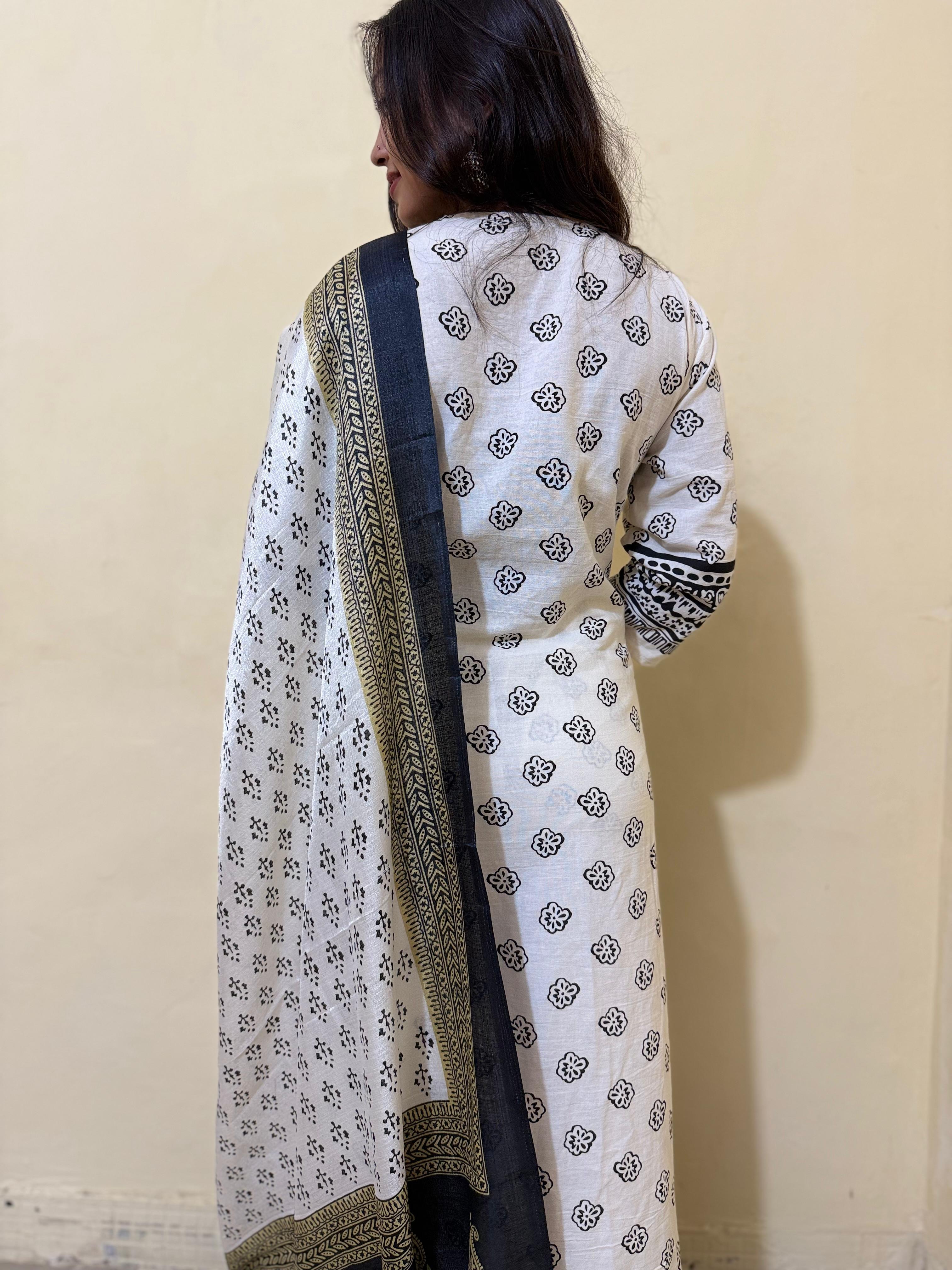 Shvetā - White & Black Block Print cotton suit with Dupatta