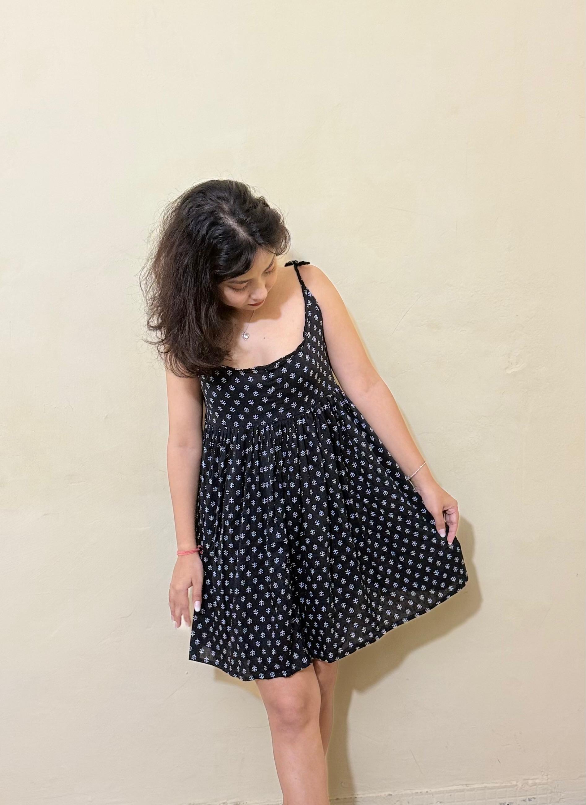 Shyāmā – Black Printed Cotton Mini Dress with Tie-Up Straps