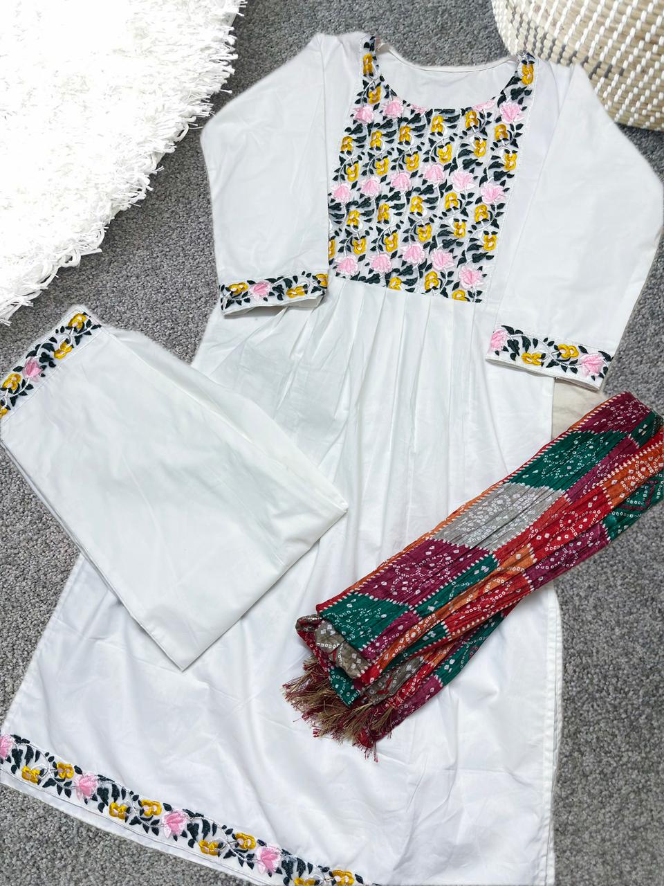 White Cotton Kurta Pant Set with Lace Detailing