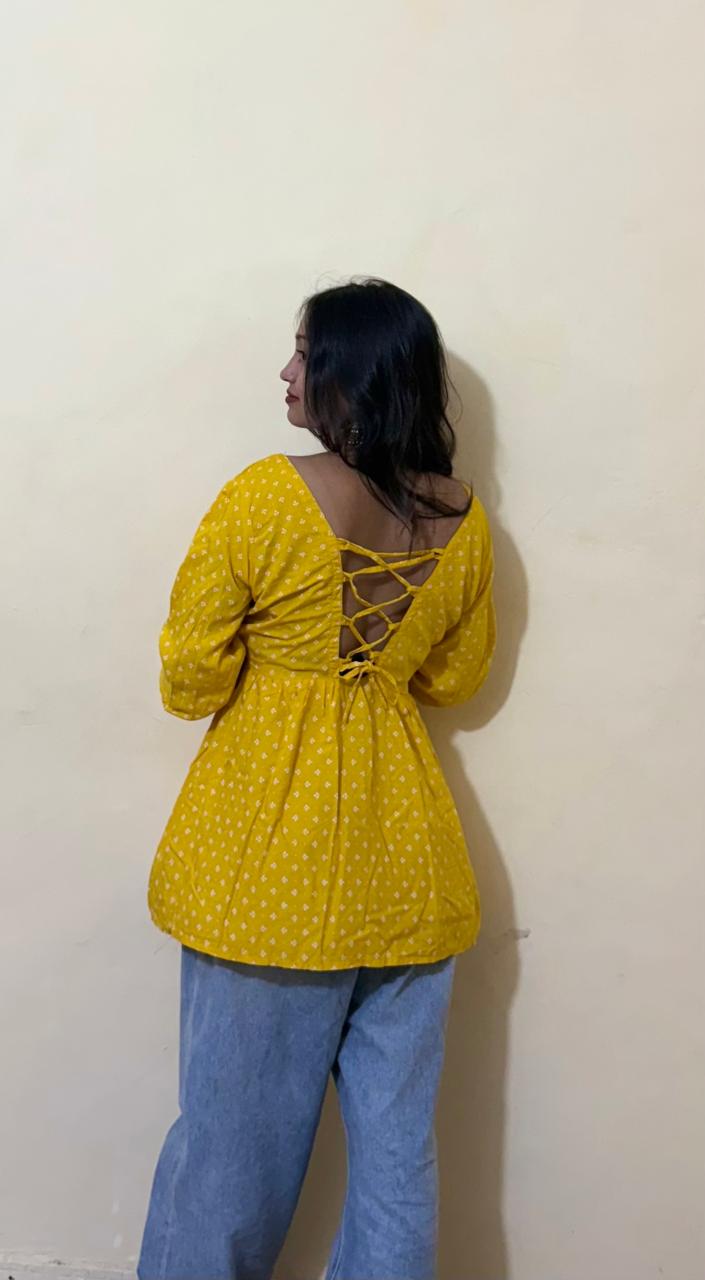 Amaltaas – Yellow Flared Cotton Top with Lace-Up Back