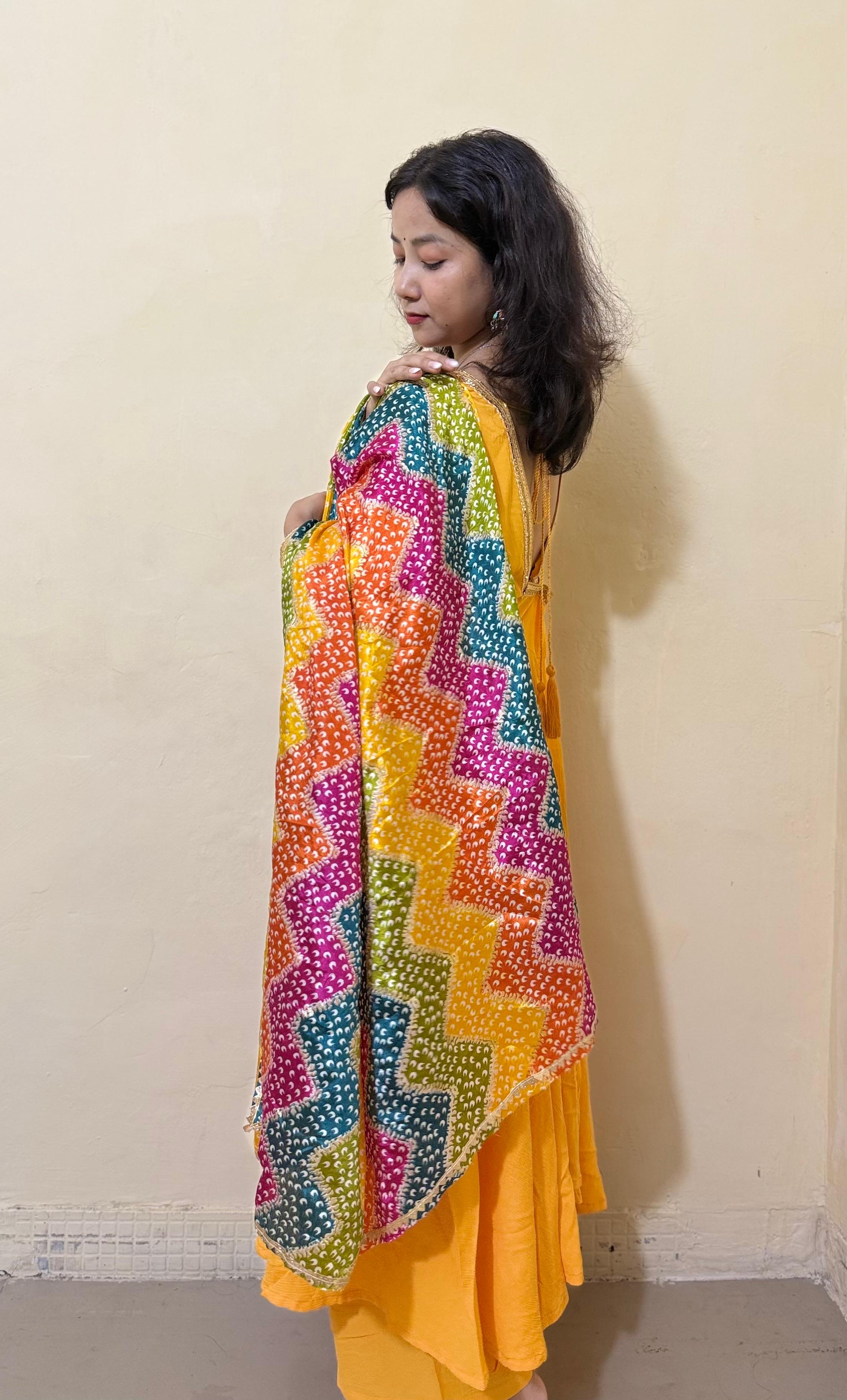 Gulnaari – Mustard Anarkali Kurta Set with Multicolor Bandhani Dupatta