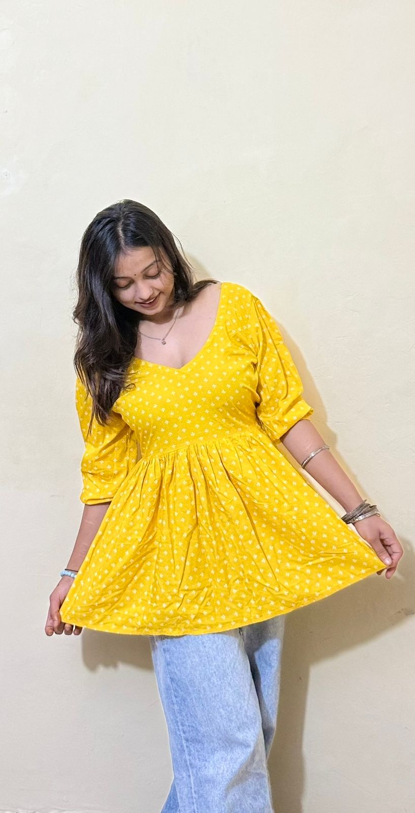 Amaltaas – Yellow Flared Cotton Top with Lace-Up Back