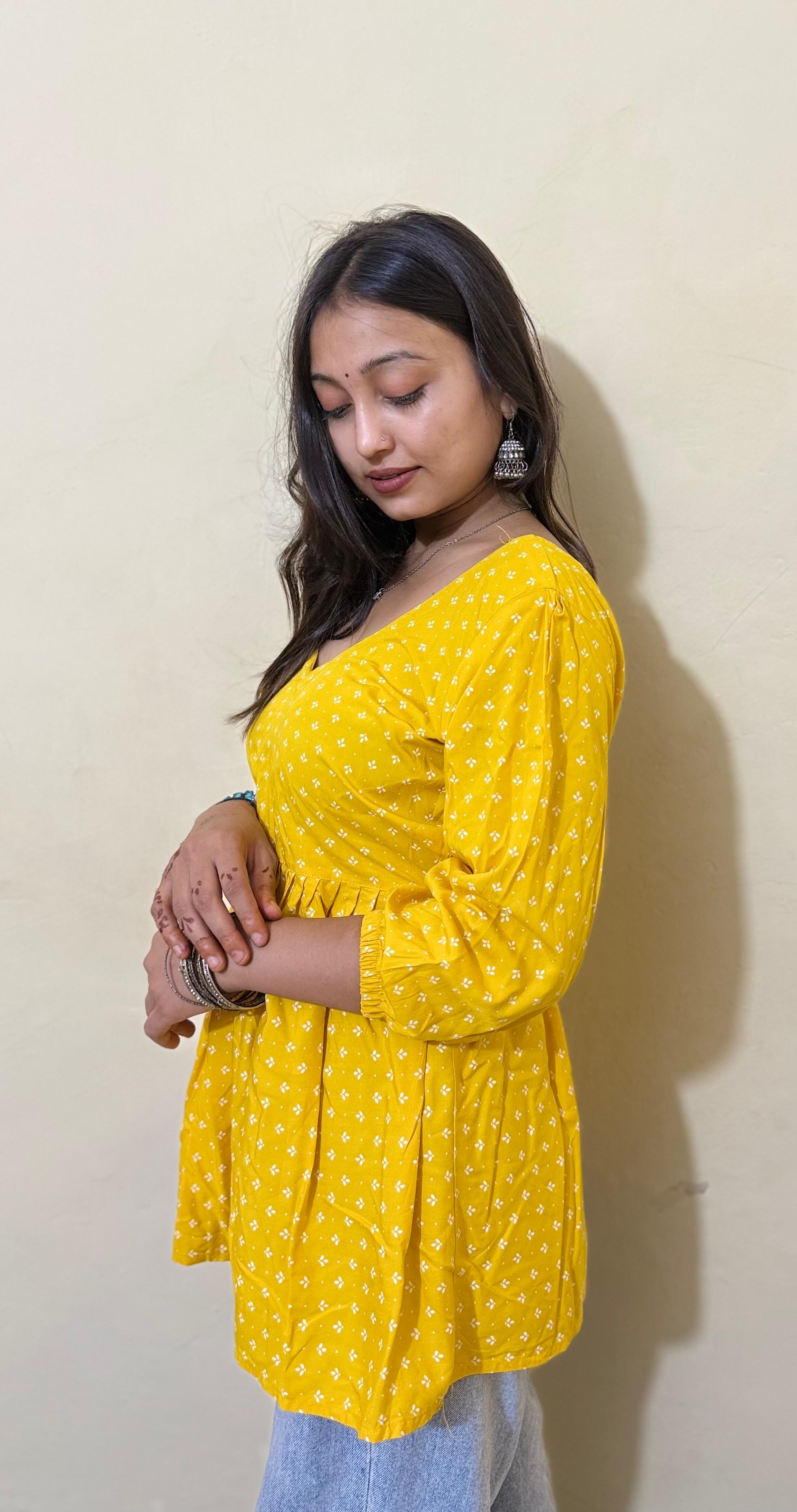 Amaltaas – Yellow Flared Cotton Top with Lace-Up Back